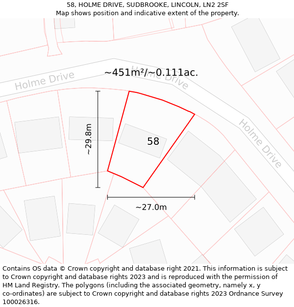 58, HOLME DRIVE, SUDBROOKE, LINCOLN, LN2 2SF: Plot and title map