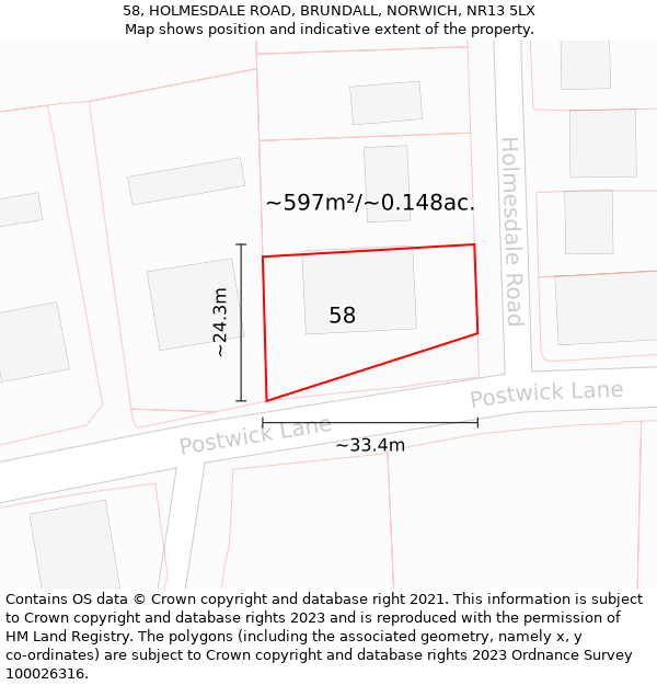 58, HOLMESDALE ROAD, BRUNDALL, NORWICH, NR13 5LX: Plot and title map