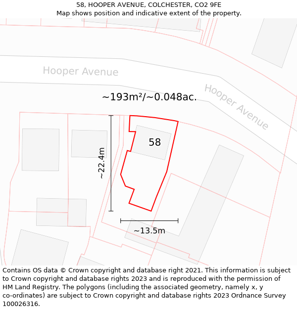 58, HOOPER AVENUE, COLCHESTER, CO2 9FE: Plot and title map