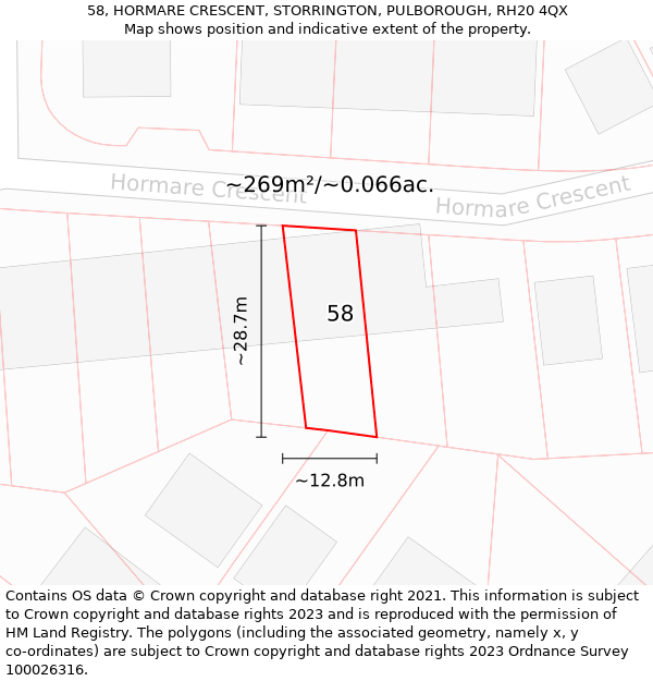 58, HORMARE CRESCENT, STORRINGTON, PULBOROUGH, RH20 4QX: Plot and title map