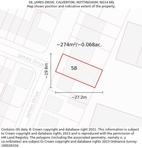 58, JAMES DRIVE, CALVERTON, NOTTINGHAM, NG14 6RJ: Plot and title map