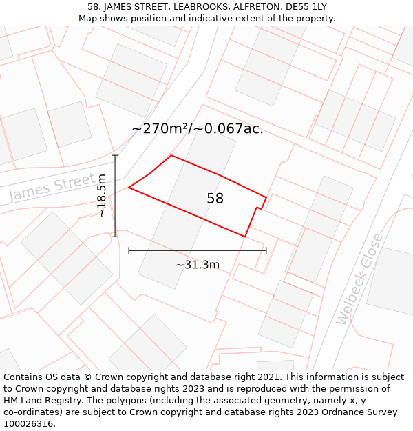 58, JAMES STREET, LEABROOKS, ALFRETON, DE55 1LY: Plot and title map