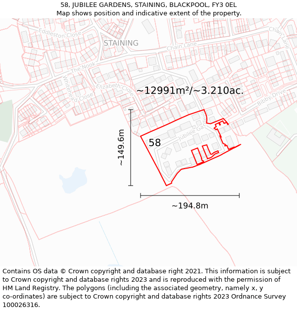 58, JUBILEE GARDENS, STAINING, BLACKPOOL, FY3 0EL: Plot and title map