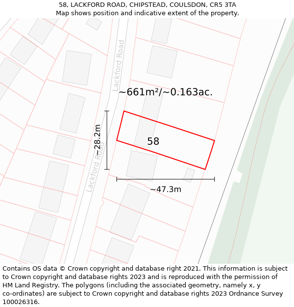 58, LACKFORD ROAD, CHIPSTEAD, COULSDON, CR5 3TA: Plot and title map