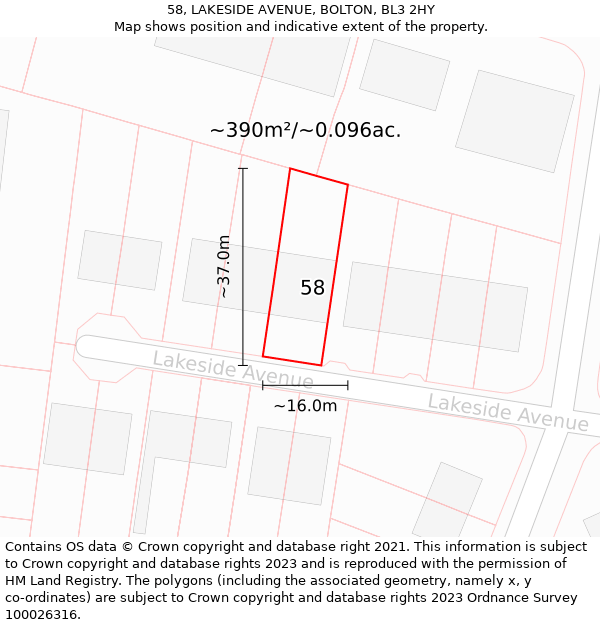 58, LAKESIDE AVENUE, BOLTON, BL3 2HY: Plot and title map