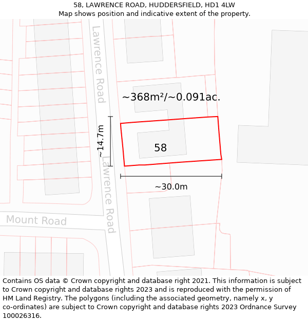 58, LAWRENCE ROAD, HUDDERSFIELD, HD1 4LW: Plot and title map