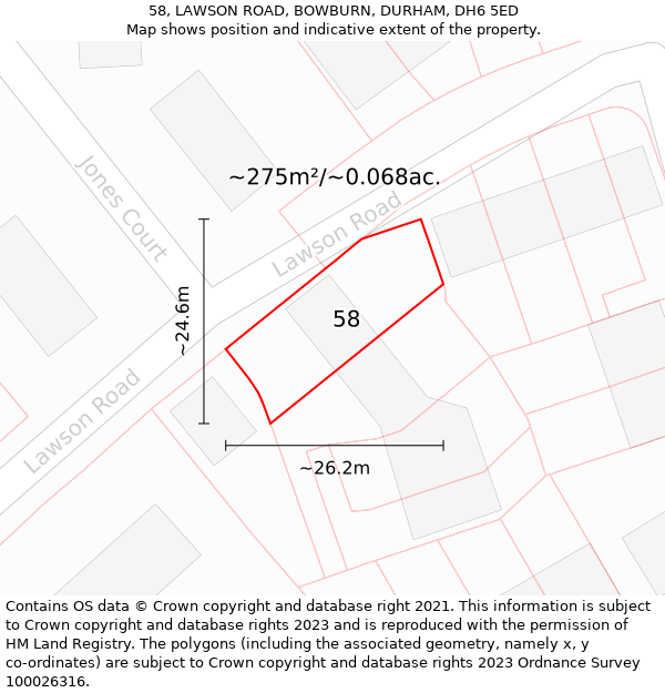 58, LAWSON ROAD, BOWBURN, DURHAM, DH6 5ED: Plot and title map