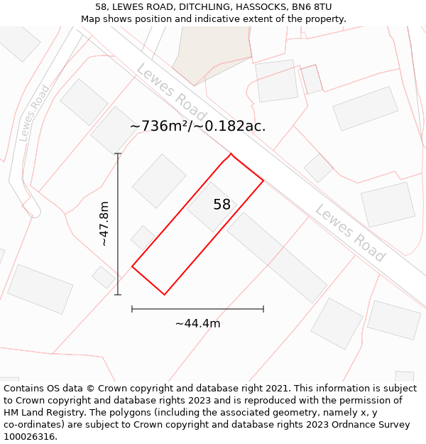 58, LEWES ROAD, DITCHLING, HASSOCKS, BN6 8TU: Plot and title map