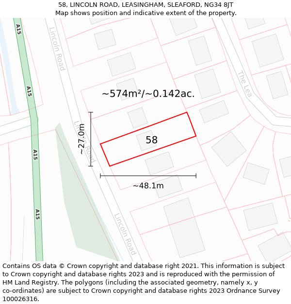 58, LINCOLN ROAD, LEASINGHAM, SLEAFORD, NG34 8JT: Plot and title map