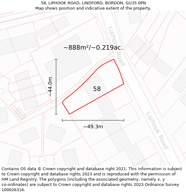 58, LIPHOOK ROAD, LINDFORD, BORDON, GU35 0PN: Plot and title map