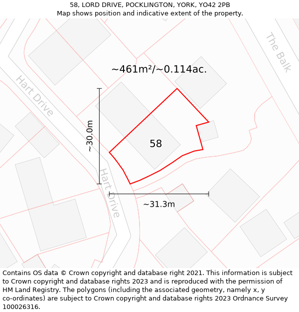 58, LORD DRIVE, POCKLINGTON, YORK, YO42 2PB: Plot and title map