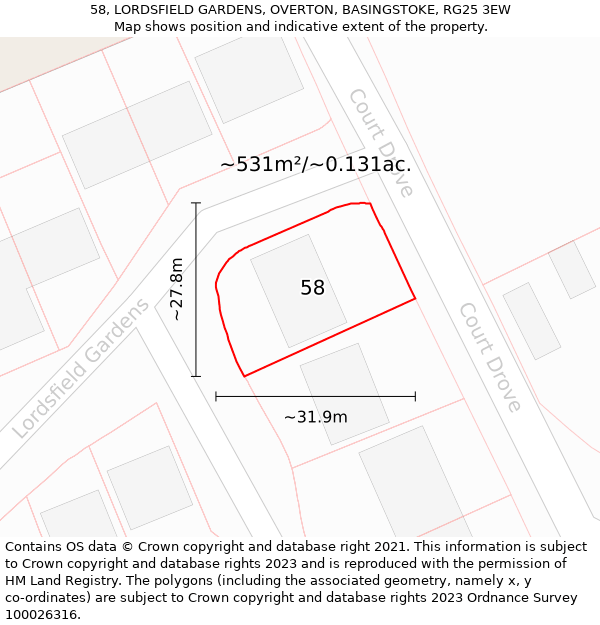 58, LORDSFIELD GARDENS, OVERTON, BASINGSTOKE, RG25 3EW: Plot and title map