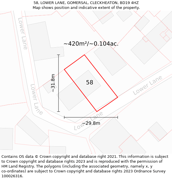 58, LOWER LANE, GOMERSAL, CLECKHEATON, BD19 4HZ: Plot and title map