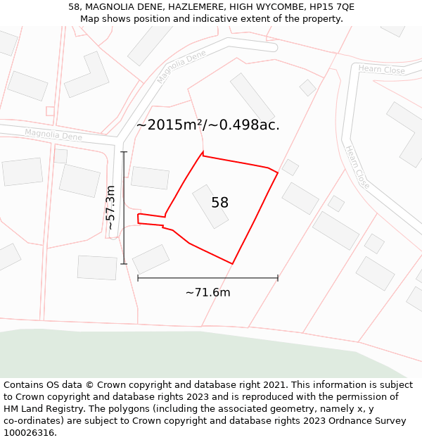 58, MAGNOLIA DENE, HAZLEMERE, HIGH WYCOMBE, HP15 7QE: Plot and title map