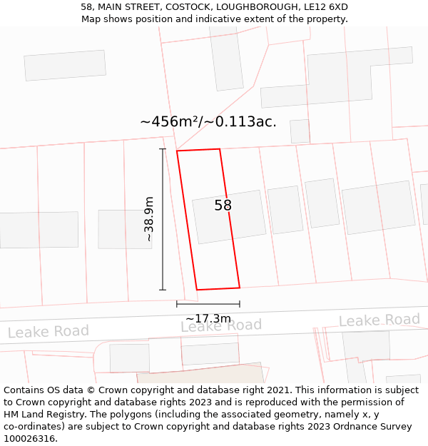 58, MAIN STREET, COSTOCK, LOUGHBOROUGH, LE12 6XD: Plot and title map