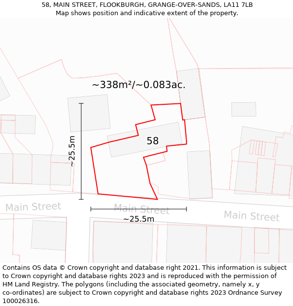 58, MAIN STREET, FLOOKBURGH, GRANGE-OVER-SANDS, LA11 7LB: Plot and title map