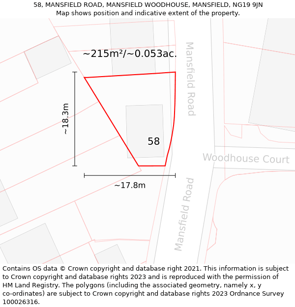 58, MANSFIELD ROAD, MANSFIELD WOODHOUSE, MANSFIELD, NG19 9JN: Plot and title map