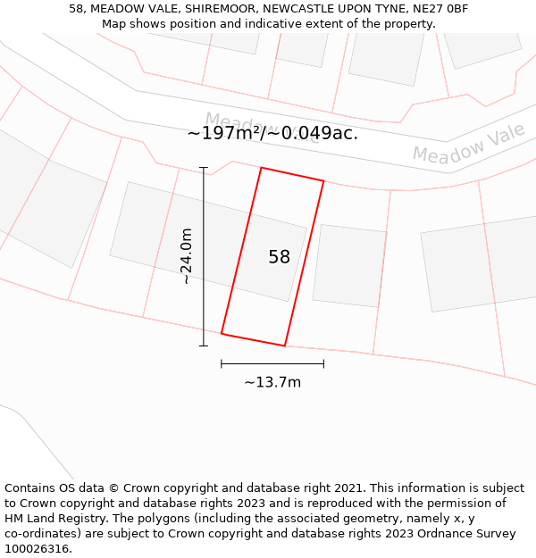 58, MEADOW VALE, SHIREMOOR, NEWCASTLE UPON TYNE, NE27 0BF: Plot and title map