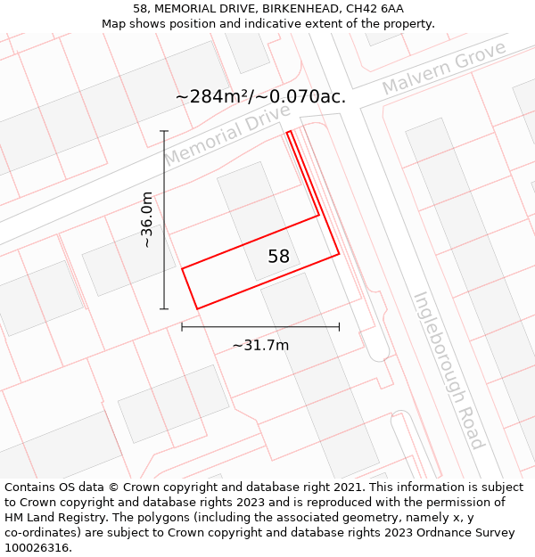 58, MEMORIAL DRIVE, BIRKENHEAD, CH42 6AA: Plot and title map