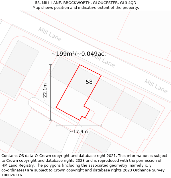 58, MILL LANE, BROCKWORTH, GLOUCESTER, GL3 4QD: Plot and title map