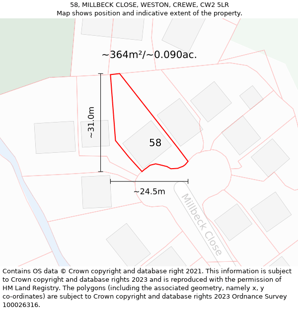 58, MILLBECK CLOSE, WESTON, CREWE, CW2 5LR: Plot and title map