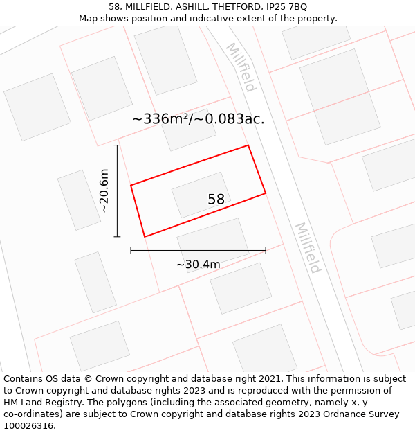 58, MILLFIELD, ASHILL, THETFORD, IP25 7BQ: Plot and title map