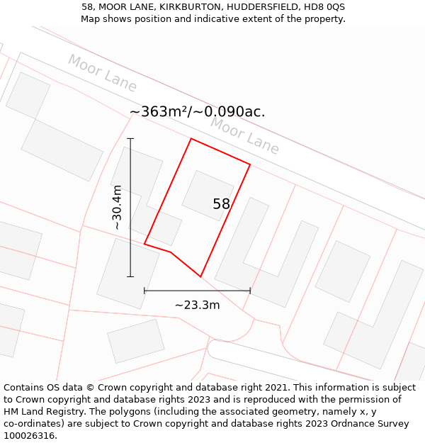 58, MOOR LANE, KIRKBURTON, HUDDERSFIELD, HD8 0QS: Plot and title map