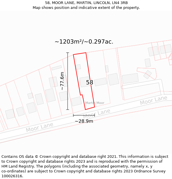 58, MOOR LANE, MARTIN, LINCOLN, LN4 3RB: Plot and title map