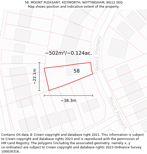 58, MOUNT PLEASANT, KEYWORTH, NOTTINGHAM, NG12 5EQ: Plot and title map