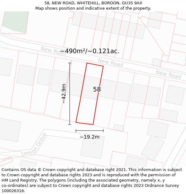 58, NEW ROAD, WHITEHILL, BORDON, GU35 9AX: Plot and title map