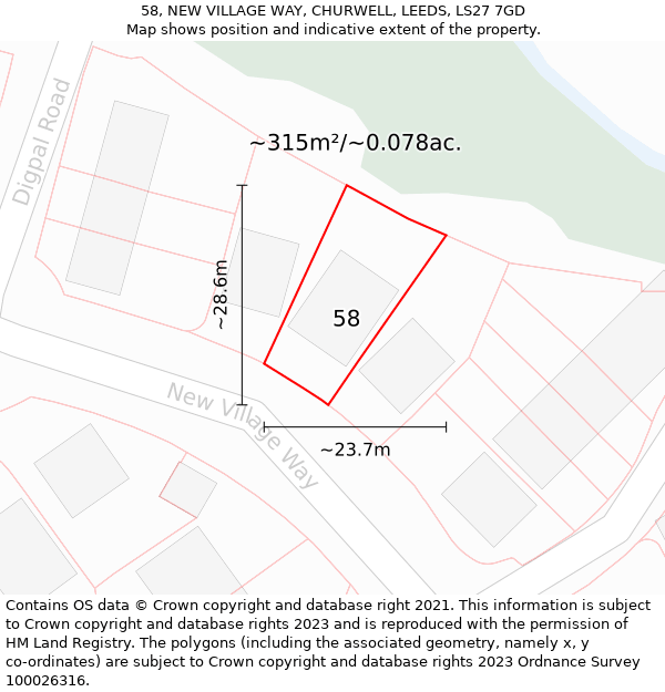 58, NEW VILLAGE WAY, CHURWELL, LEEDS, LS27 7GD: Plot and title map