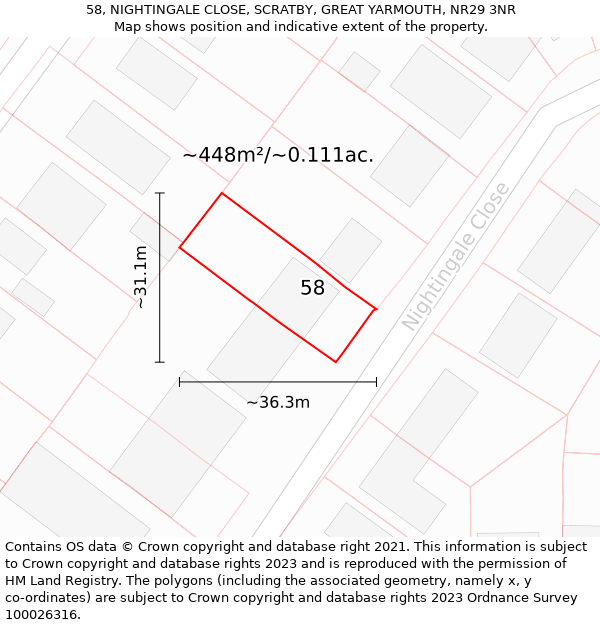 58, NIGHTINGALE CLOSE, SCRATBY, GREAT YARMOUTH, NR29 3NR: Plot and title map