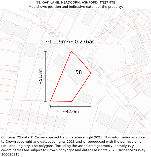 58, OAK LANE, HEADCORN, ASHFORD, TN27 9TB: Plot and title map