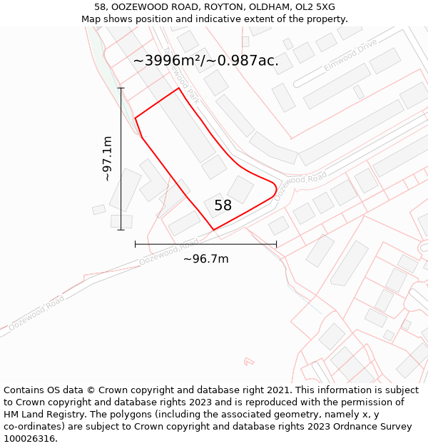 58, OOZEWOOD ROAD, ROYTON, OLDHAM, OL2 5XG: Plot and title map