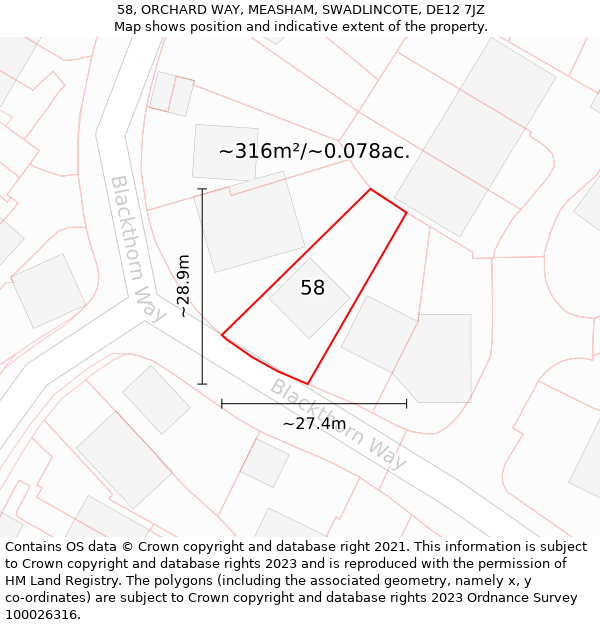 58, ORCHARD WAY, MEASHAM, SWADLINCOTE, DE12 7JZ: Plot and title map