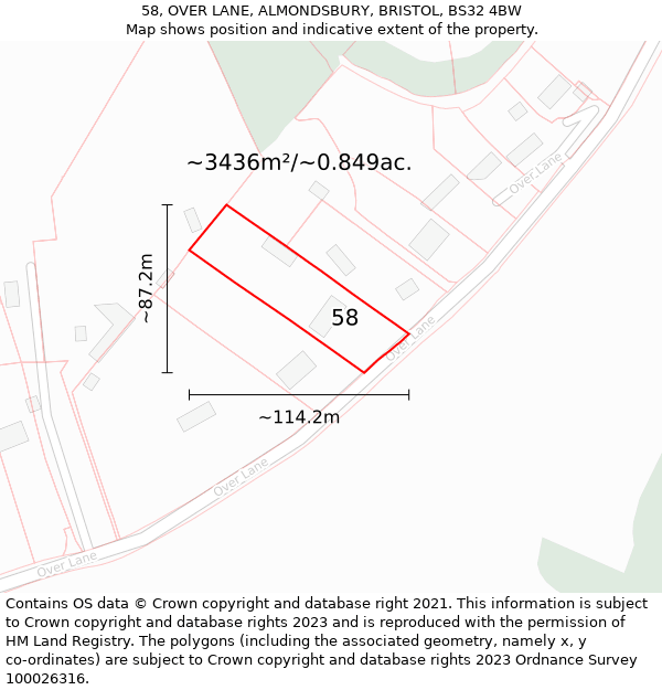 58, OVER LANE, ALMONDSBURY, BRISTOL, BS32 4BW: Plot and title map