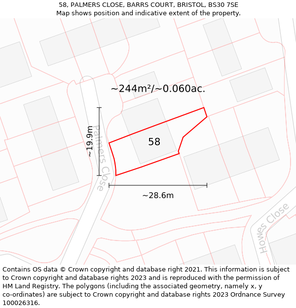 58, PALMERS CLOSE, BARRS COURT, BRISTOL, BS30 7SE: Plot and title map