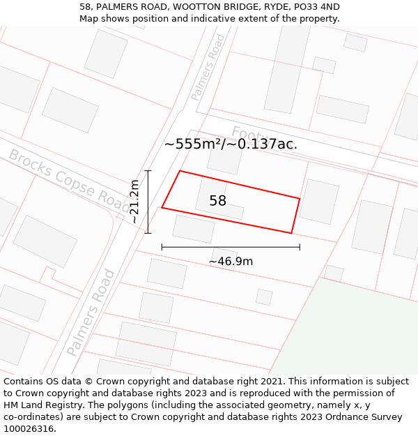 58, PALMERS ROAD, WOOTTON BRIDGE, RYDE, PO33 4ND: Plot and title map