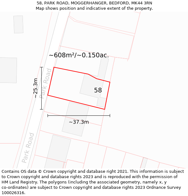 58, PARK ROAD, MOGGERHANGER, BEDFORD, MK44 3RN: Plot and title map