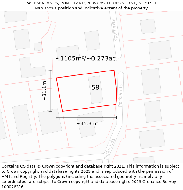 58, PARKLANDS, PONTELAND, NEWCASTLE UPON TYNE, NE20 9LL: Plot and title map