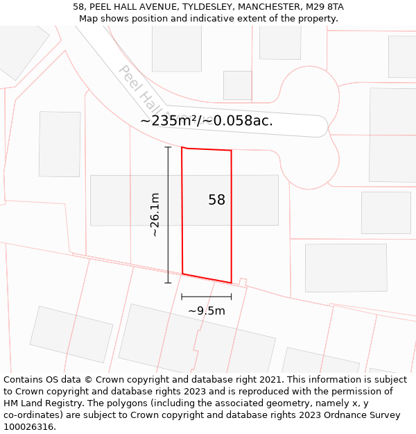 58, PEEL HALL AVENUE, TYLDESLEY, MANCHESTER, M29 8TA: Plot and title map