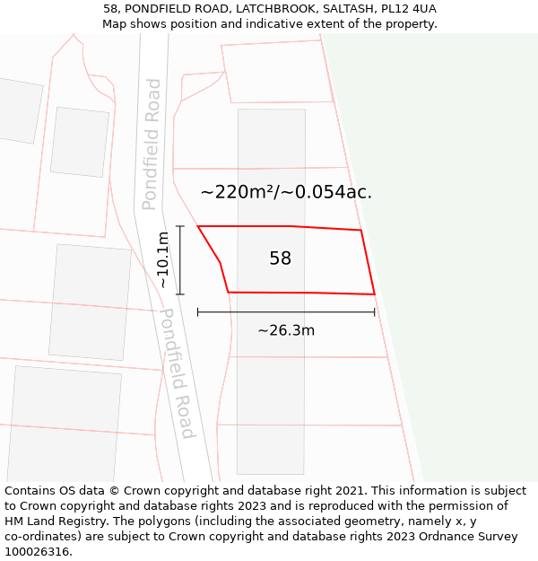 58, PONDFIELD ROAD, LATCHBROOK, SALTASH, PL12 4UA: Plot and title map