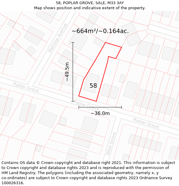 58, POPLAR GROVE, SALE, M33 3AY: Plot and title map