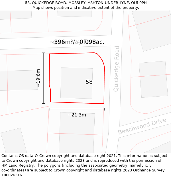 58, QUICKEDGE ROAD, MOSSLEY, ASHTON-UNDER-LYNE, OL5 0PH: Plot and title map