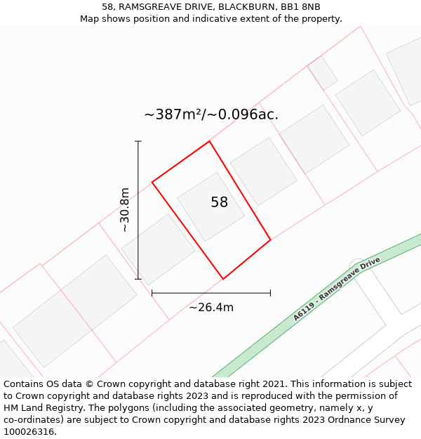 58, RAMSGREAVE DRIVE, BLACKBURN, BB1 8NB: Plot and title map