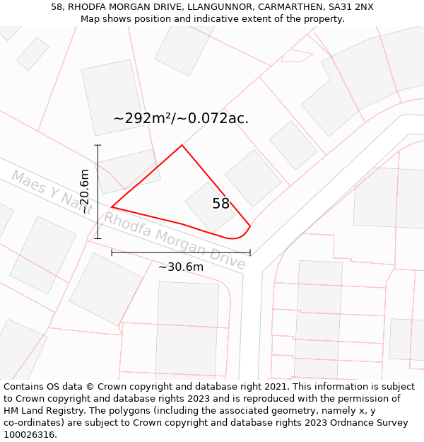 58, RHODFA MORGAN DRIVE, LLANGUNNOR, CARMARTHEN, SA31 2NX: Plot and title map