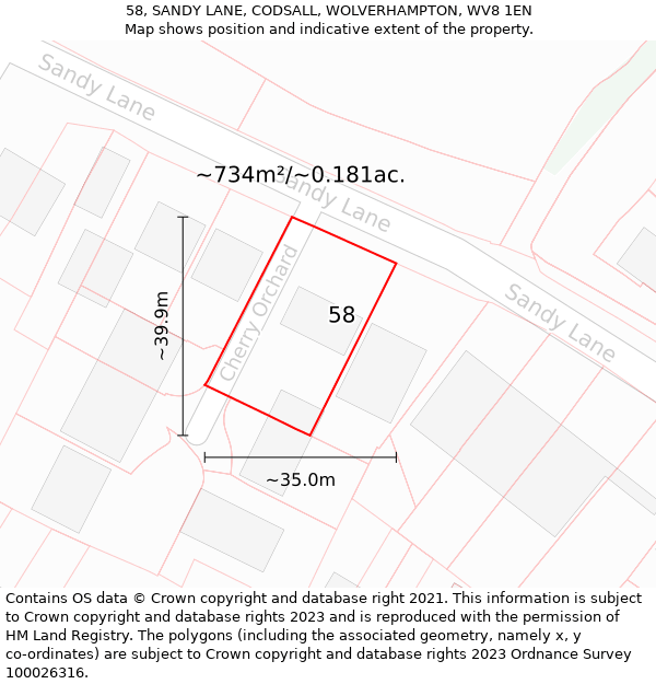 58, SANDY LANE, CODSALL, WOLVERHAMPTON, WV8 1EN: Plot and title map