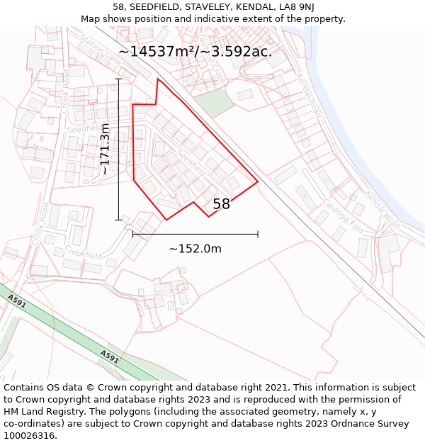 58, SEEDFIELD, STAVELEY, KENDAL, LA8 9NJ: Plot and title map