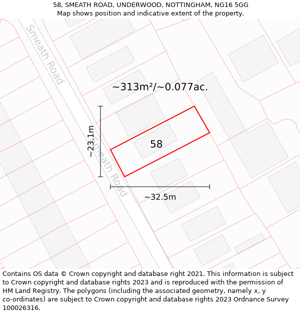 58, SMEATH ROAD, UNDERWOOD, NOTTINGHAM, NG16 5GG: Plot and title map