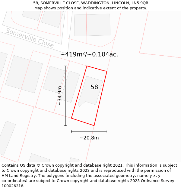 58, SOMERVILLE CLOSE, WADDINGTON, LINCOLN, LN5 9QR: Plot and title map